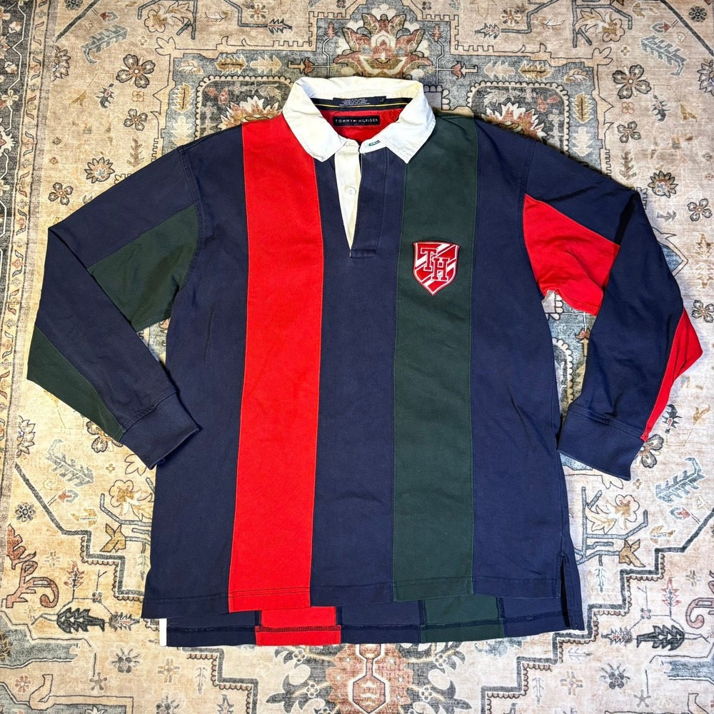 Tommy Hilfiger Mens Vintage Rugby Shirt Colorblock Crest Navy Red Green Large